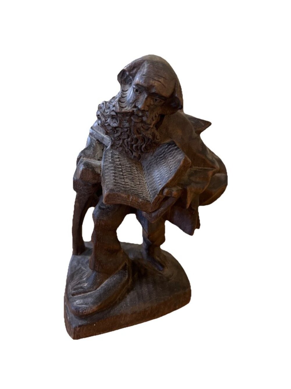 Vintage Handmade Wooden Carved Statue Sculpture Beggar Book Walking Stick Bags